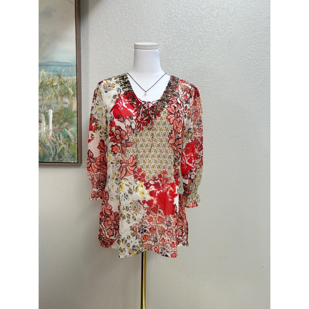 Boho Patchwork Floral Peasant Blouse Women's Small Tie Neck 3/4 Sleeve